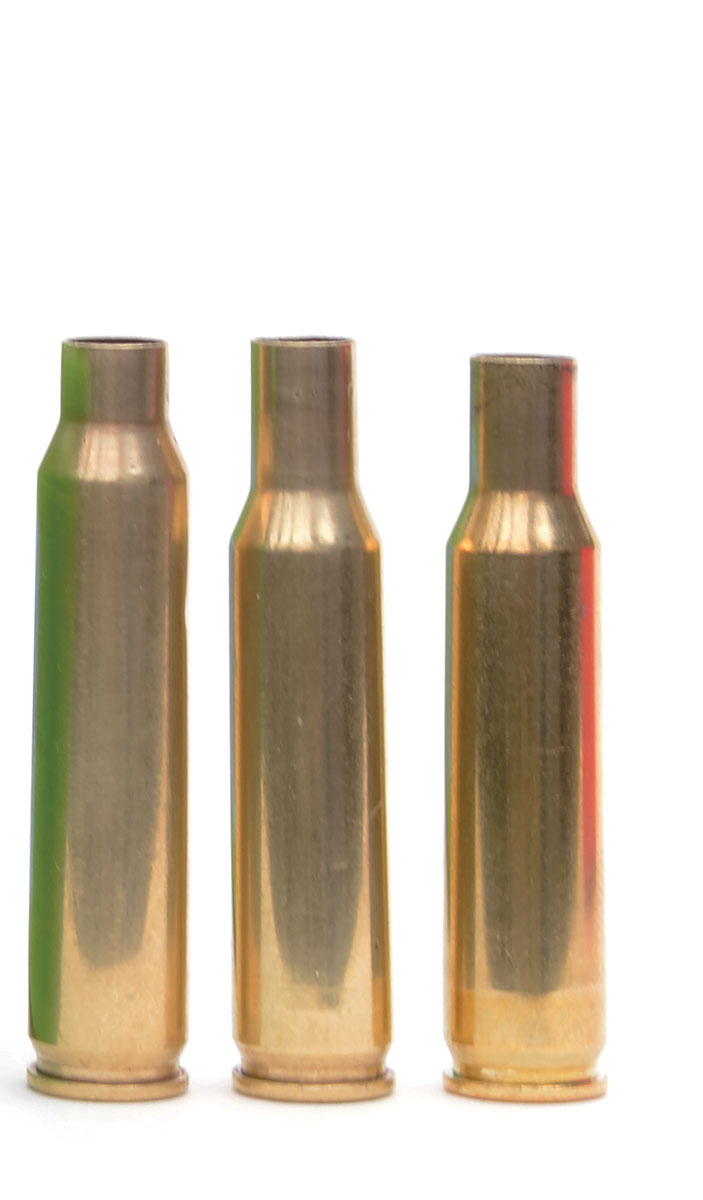 In the absence of 222 Remington cases, they are easily formed by running 223 Remington brass through a 222 Remington full-length sizing die and trimming to a length of 1.690 inches. Should neck diameter with bullet seated exceed .253 inch, neck wall thickness will have to be thinned by reaming or outside turning. Only virgin or once-fired cases should be used with commercial preferred over military surplus. From left to right: 223 Remington case, 223 Remington case full-length resized in 222 Remington die and a case trimmed to 1.690 inches.